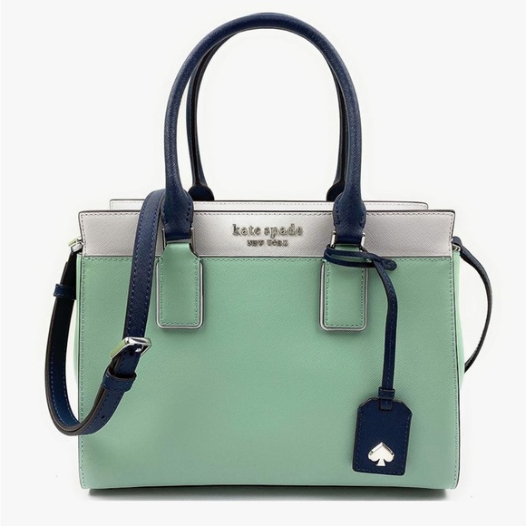 KATE SPADE NEW YORK CAMERON MEDIUM SATCHEL LIGHT GREEN DARK BLUE - Picture 1 of 14
